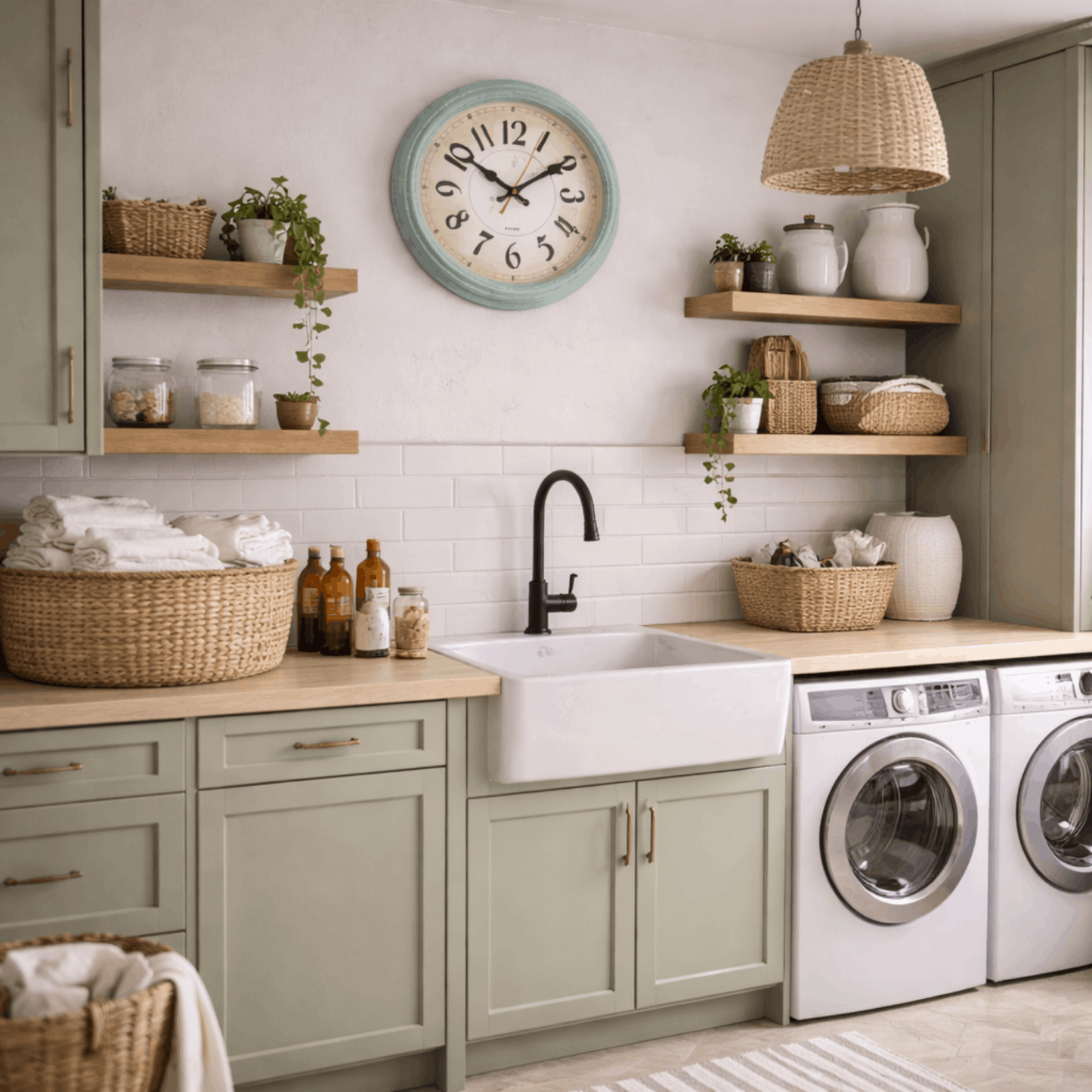 Ronde wandklok met groenblauwe rand en vintage look, gemonteerd aan de muur in een landelijke wasruimte.