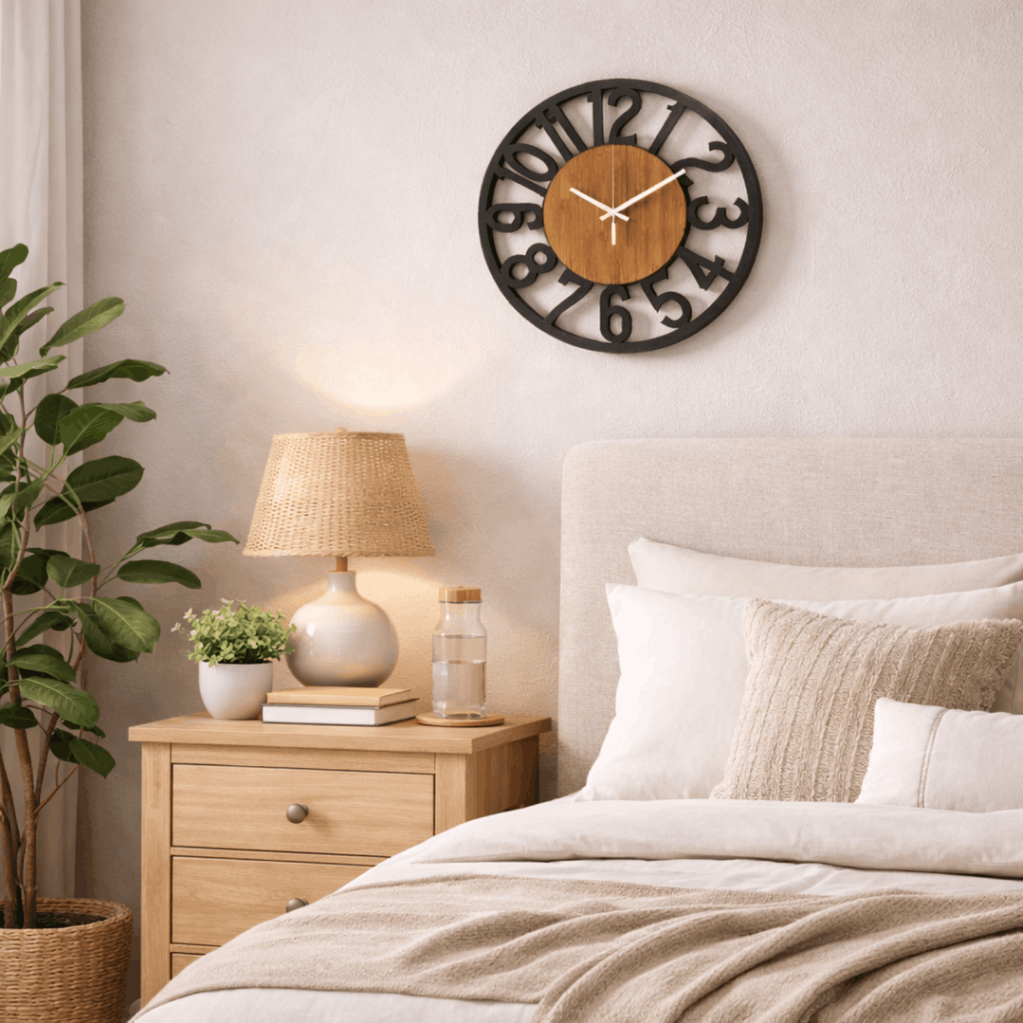Ronde wandklok met houten kern en zwarte cijfers, hangend aan de muur boven een nachtkastje in een rustige slaapkamer.