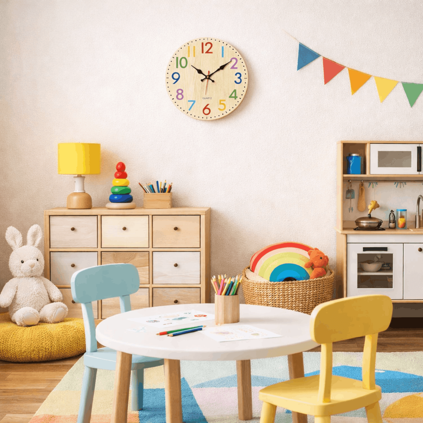 Houten wandklok met kleurrijke cijfers voor kinderkamer
