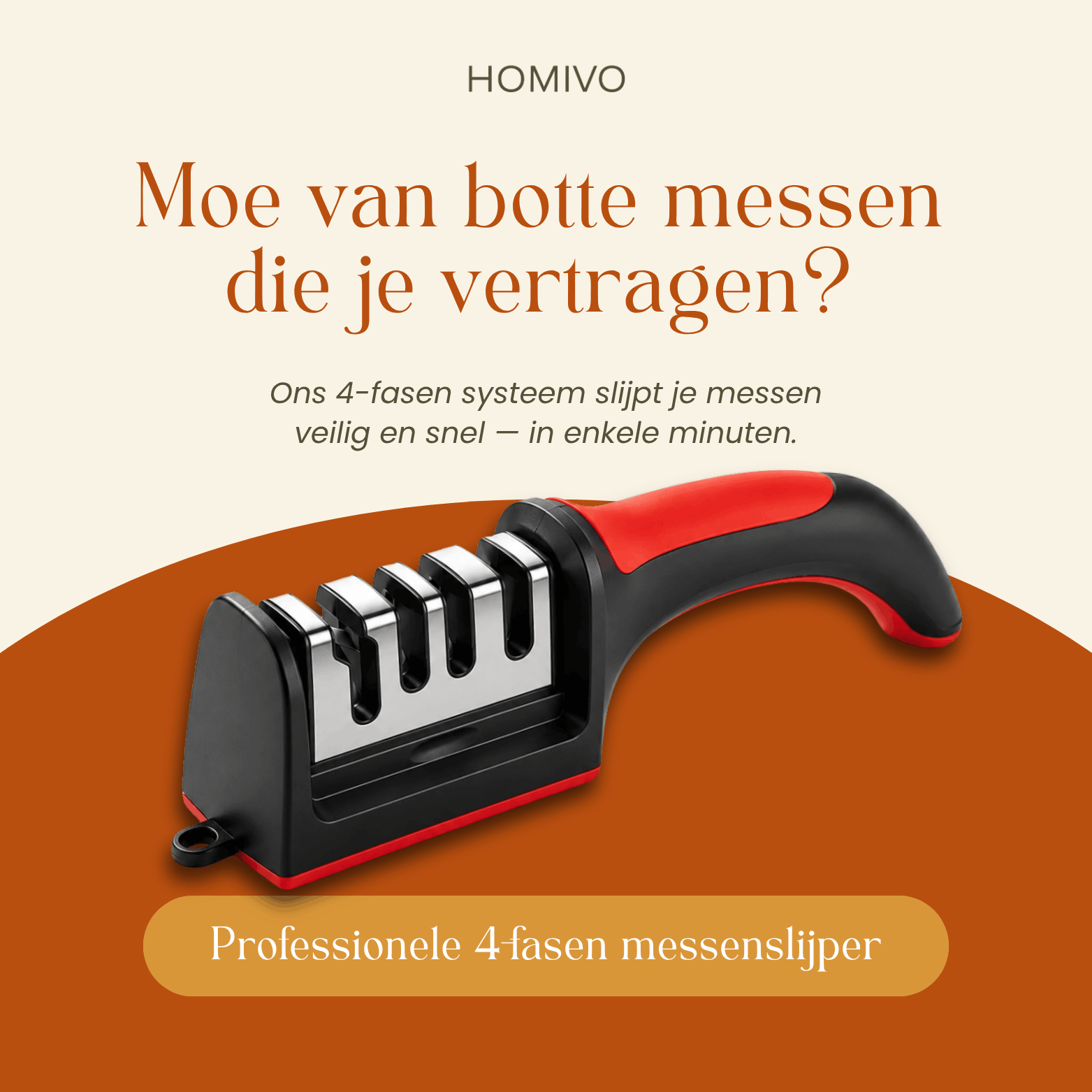 Velano Messenslijper infographic - Moe van botte messen? Professionele 4-fasen messenslijper slijpt veilig en snel