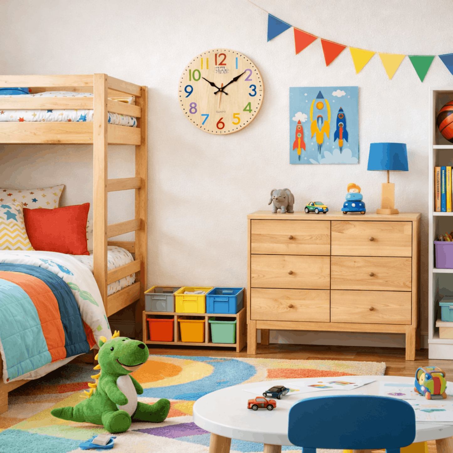 Houten wandklok met kleurrijke cijfers voor kinderkamer