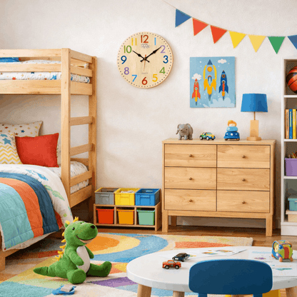 Houten wandklok met kleurrijke cijfers voor kinderkamer