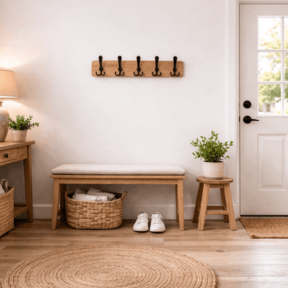Kapstok Hout – Wandkapstok met Zwarte Haken voor Hal, Keuken of Slaapkamer