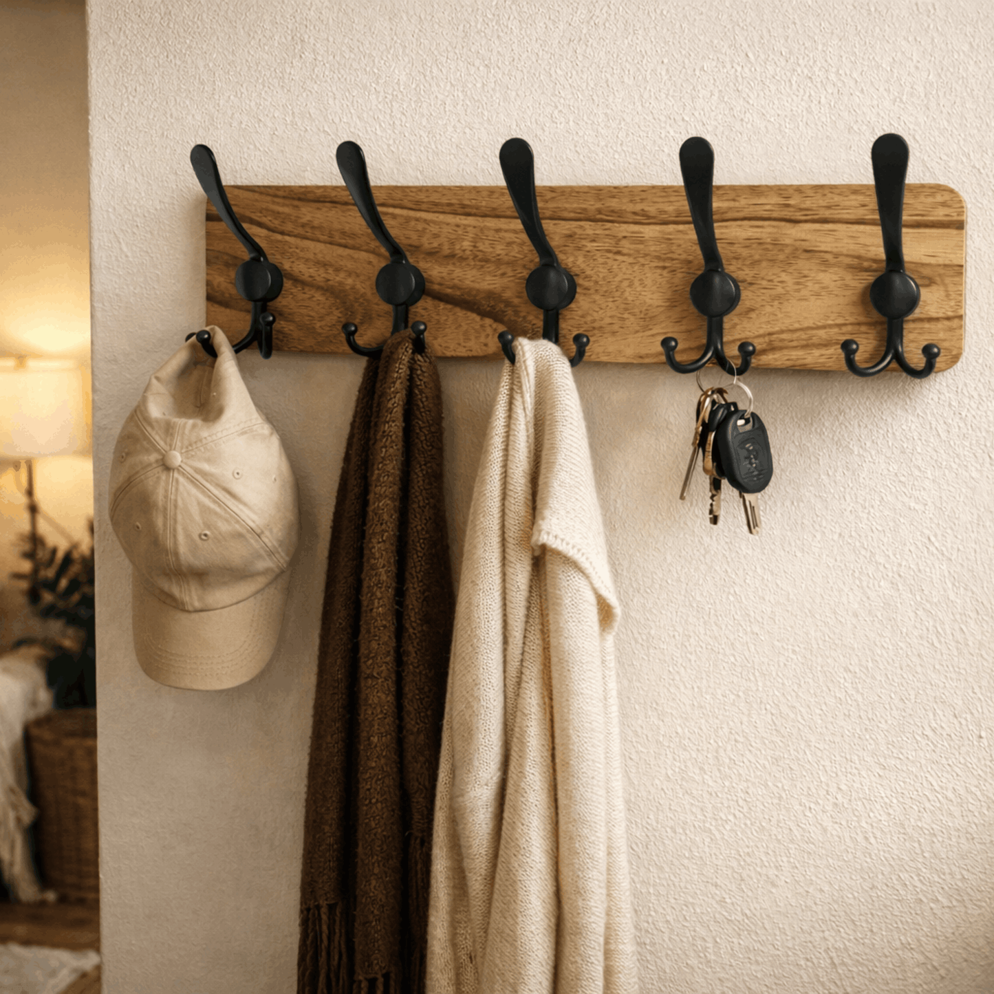 Kapstok Hout – Wandkapstok met Zwarte Haken voor Hal, Keuken of Slaapkamer