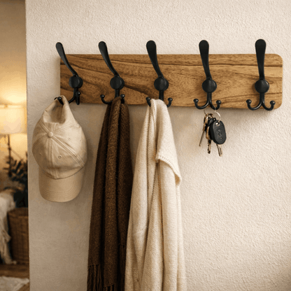 Kapstok Hout – Wandkapstok met Zwarte Haken voor Hal, Keuken of Slaapkamer