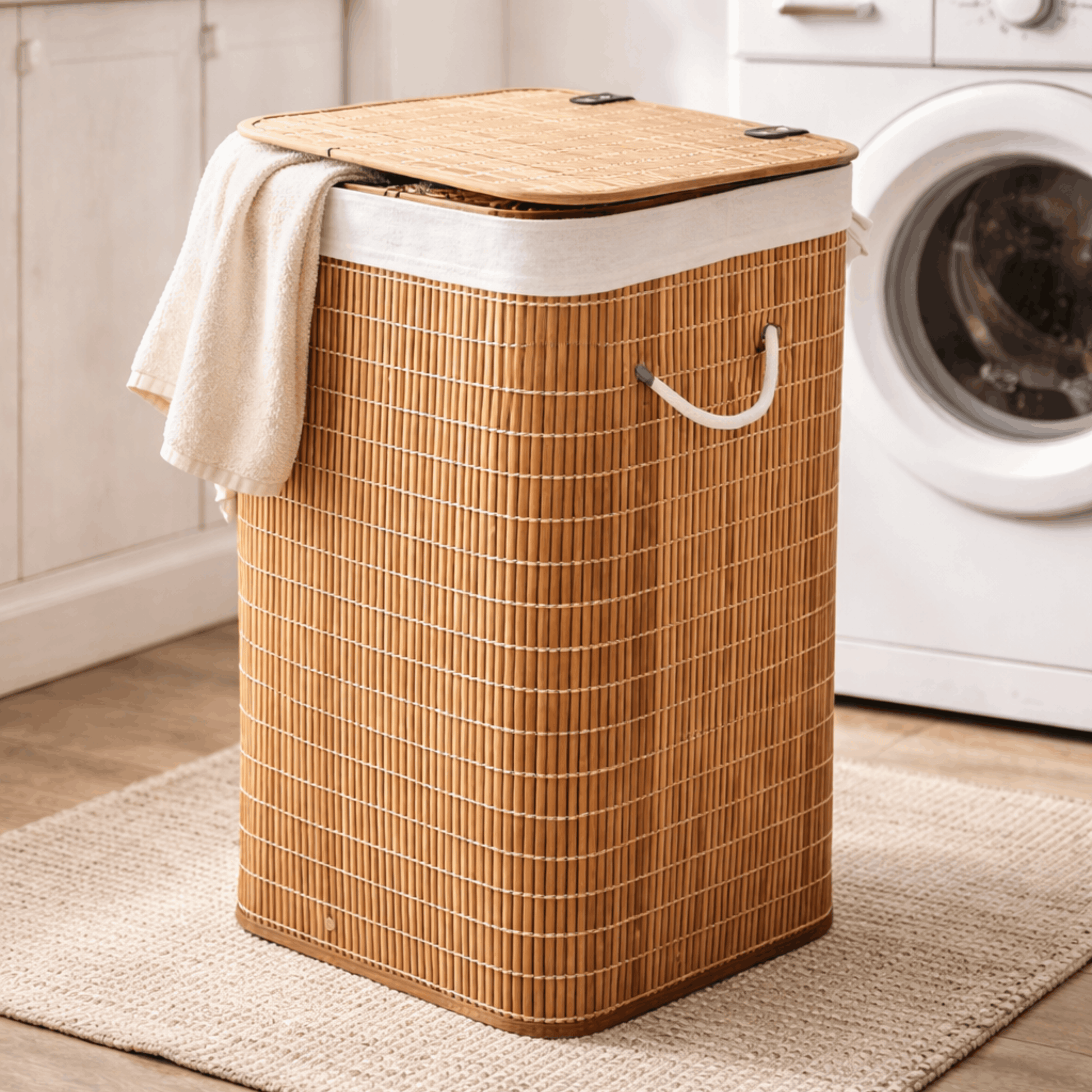 Stijlvolle bamboe wasmand met deksel en handgrepen, ideaal voor het netjes opbergen van wasgoed in de badkamer of wasruimte.