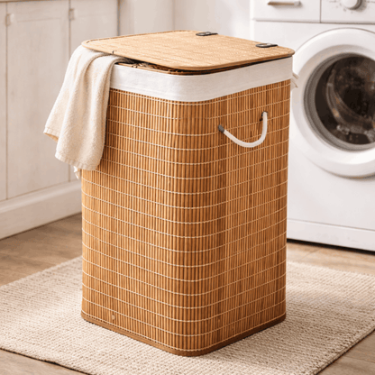 Stijlvolle bamboe wasmand met deksel en handgrepen, ideaal voor het netjes opbergen van wasgoed in de badkamer of wasruimte.