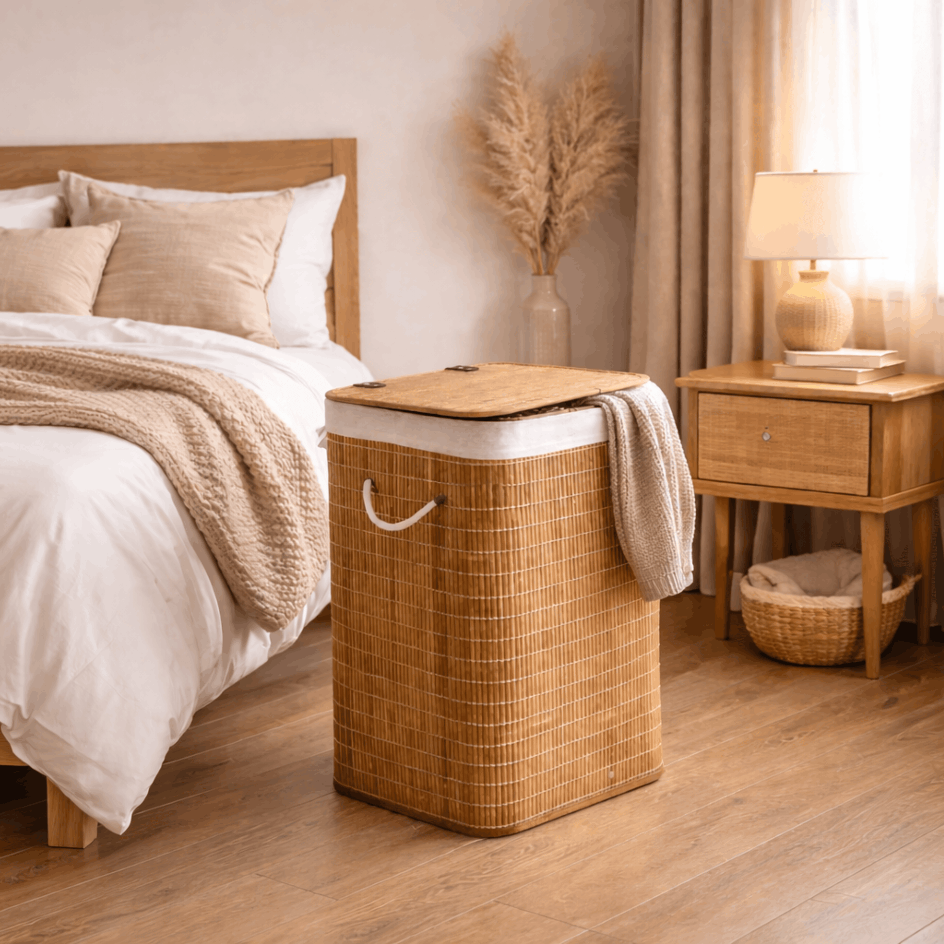 Natuurlijke bamboe wasmand met deksel en handgrepen, stijlvol geplaatst naast een bed in de slaapkamer voor het opbergen van wasgoed.