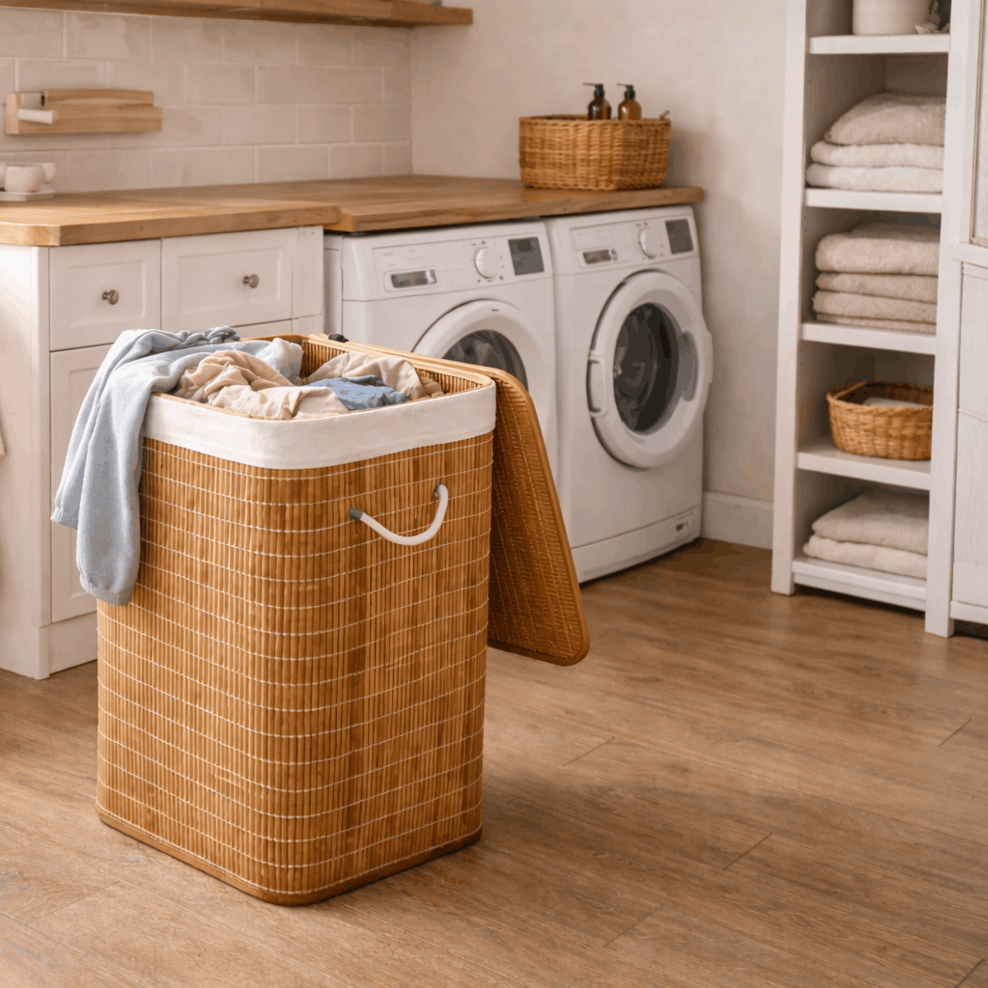 Bamboe wasmand met deksel en uitneembare waszak, gevuld met kleding en geplaatst in een moderne wasruimte naast een wasmachine.