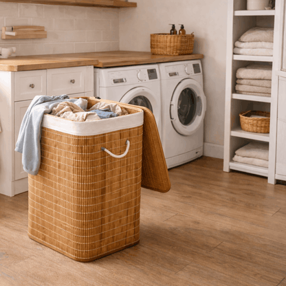 Bamboe wasmand met deksel en uitneembare waszak, gevuld met kleding en geplaatst in een moderne wasruimte naast een wasmachine.