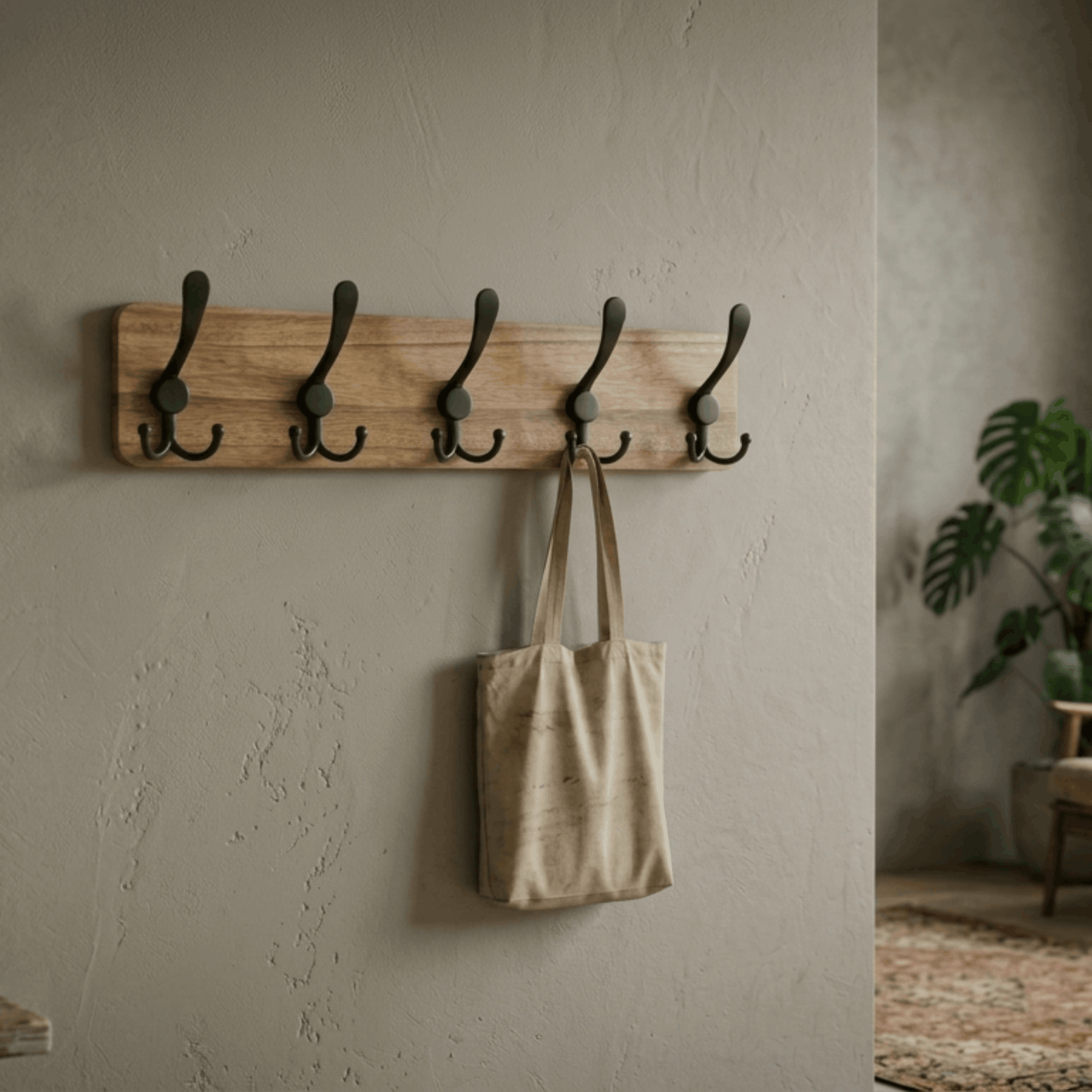 Minimalistische houten wandkapstok met vijf zwarte haken boven een bankje in de hal, ideaal voor jassen en accessoires.
