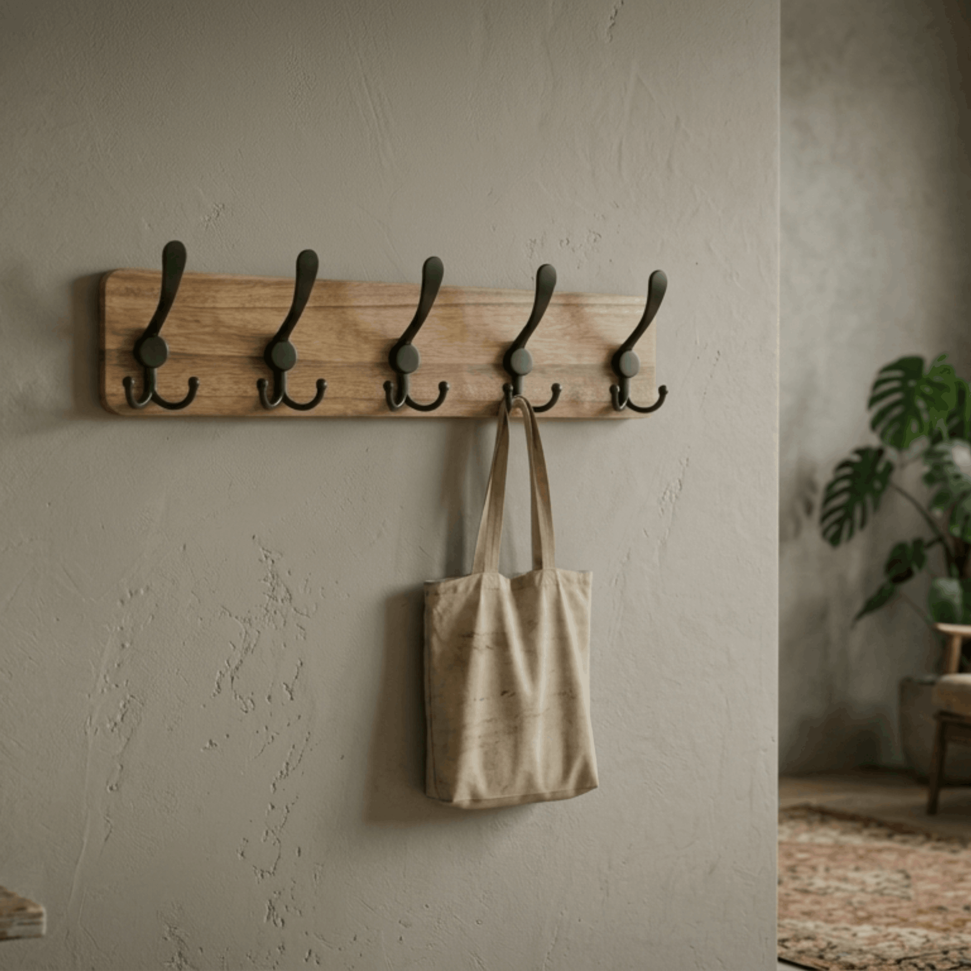 Minimalistische houten wandkapstok met vijf zwarte haken boven een bankje in de hal, ideaal voor jassen en accessoires.