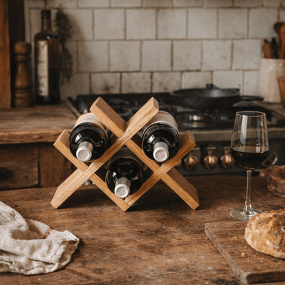 Compact houten wijnrek met kruisvormig ontwerp voor vier wijnflessen, geplaatst op een rustieke houten tafel in de keuken naast een glas rode wijn.