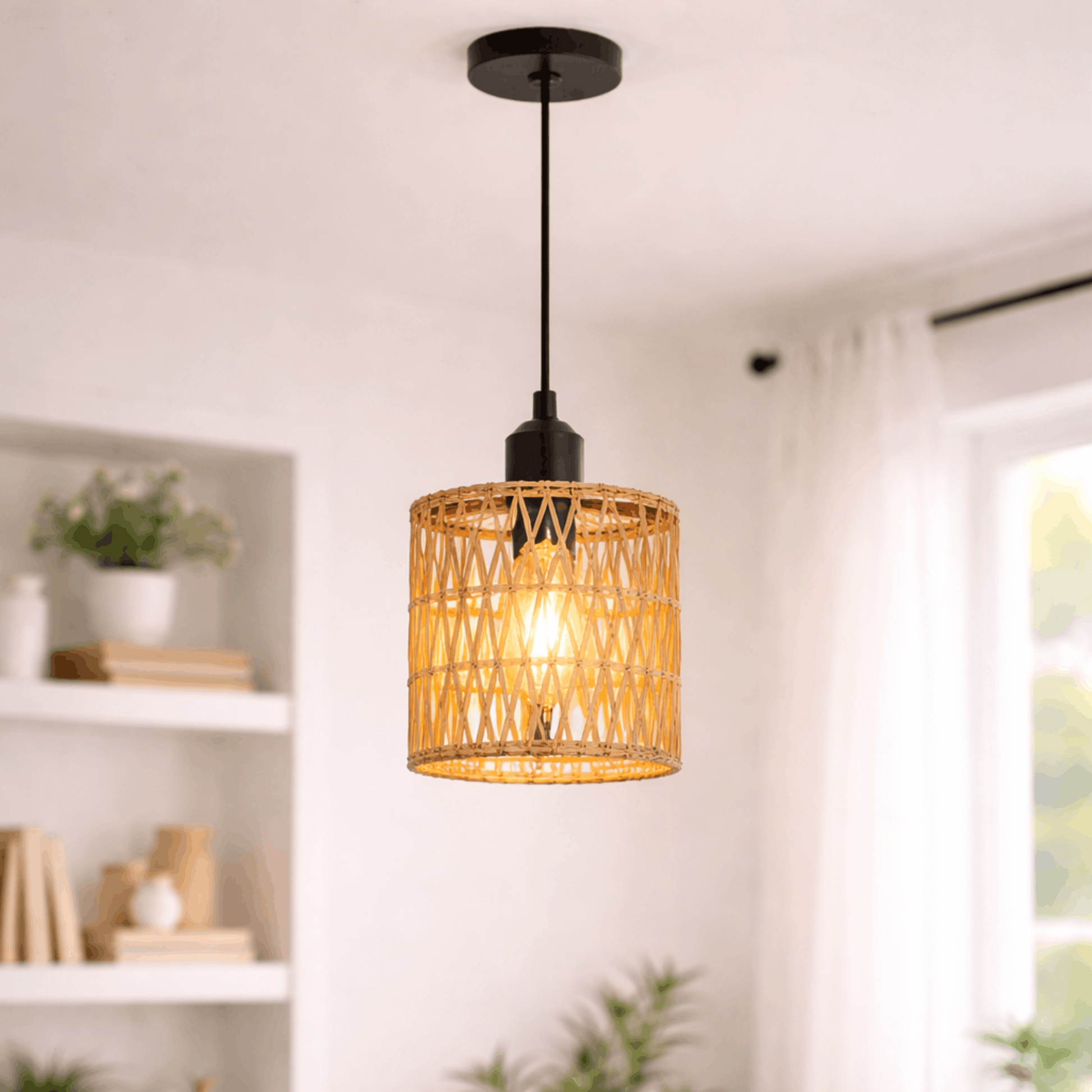 Stijlvolle rotan hanglamp met open geweven kap en warm licht, ideaal voor een gezellige sfeer in de woonkamer of eetkamer.