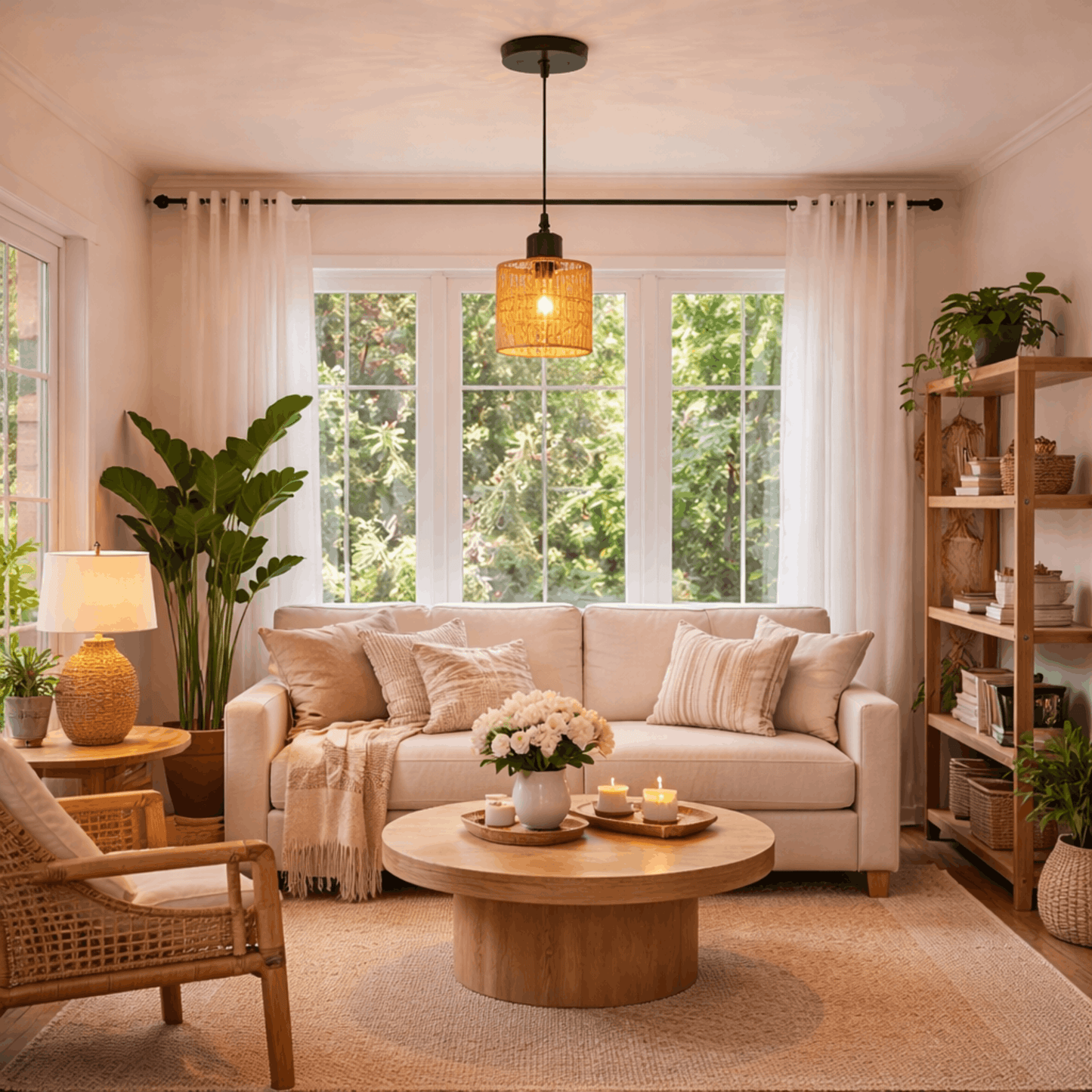 Stijlvolle rotan hanglamp met warm sfeervol licht boven een gezellige zithoek in de woonkamer, perfect voor een natuurlijke uitstraling.