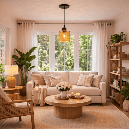 Stijlvolle rotan hanglamp met warm sfeervol licht boven een gezellige zithoek in de woonkamer, perfect voor een natuurlijke uitstraling.