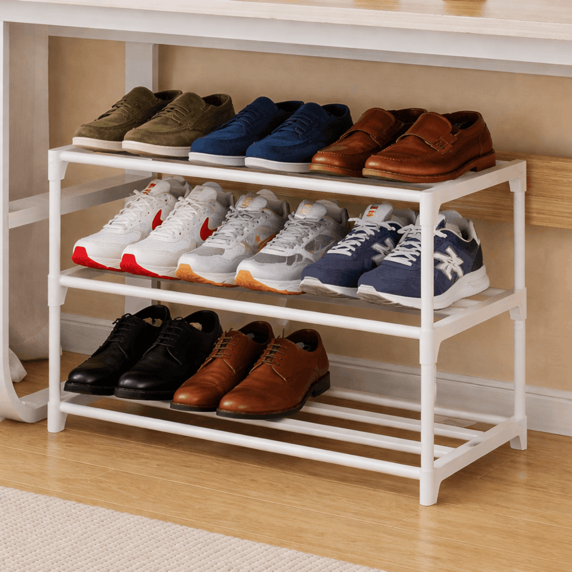 Praktisch schoenenrek met drie lagen en metalen frame, ideaal voor het netjes opbergen van verschillende soorten schoenen in de hal of kast.