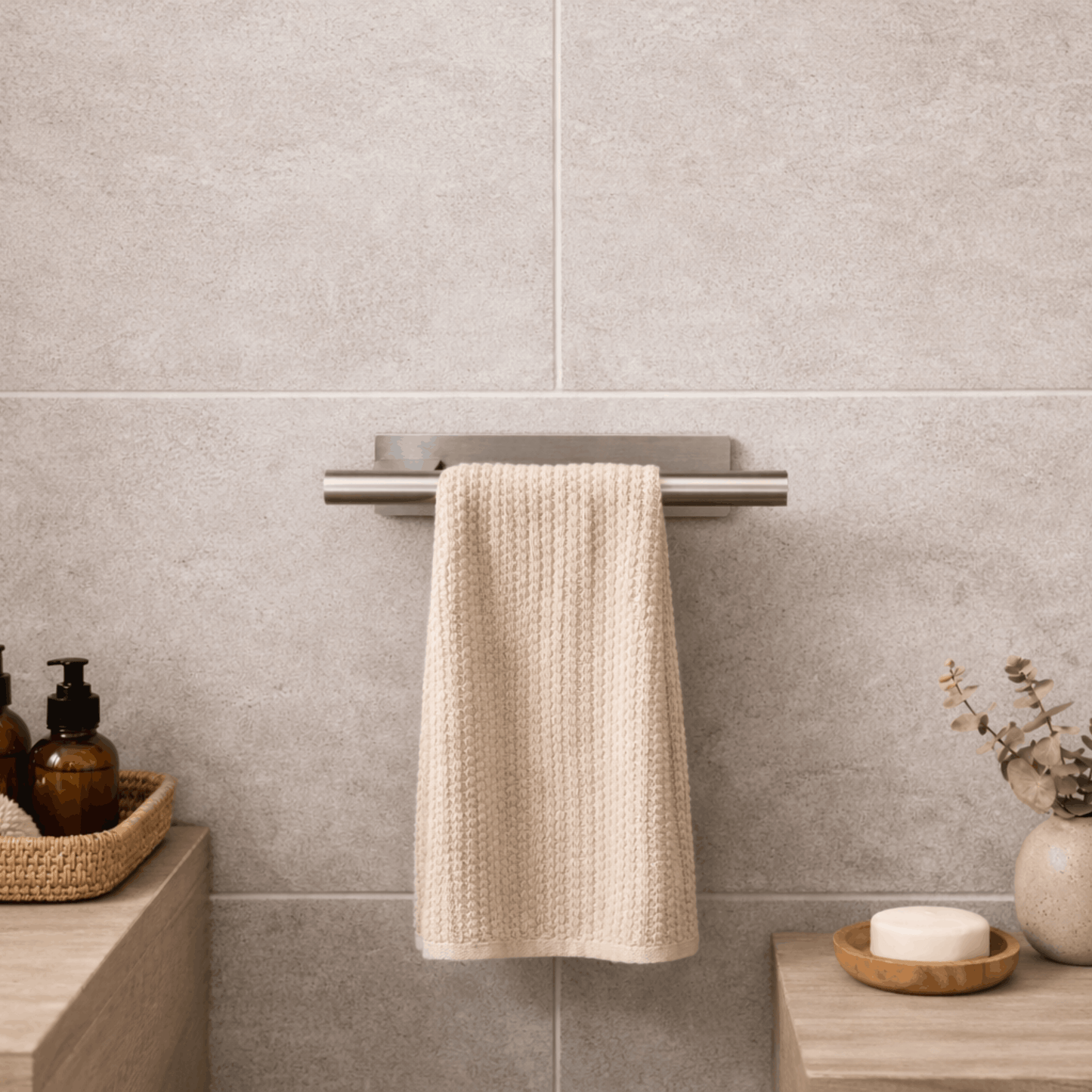 Moderne zilverkleurige handdoekhouder met handdoek, gemonteerd aan een betegelde muur in een stijlvolle badkamer naast de wastafelaccessoires.