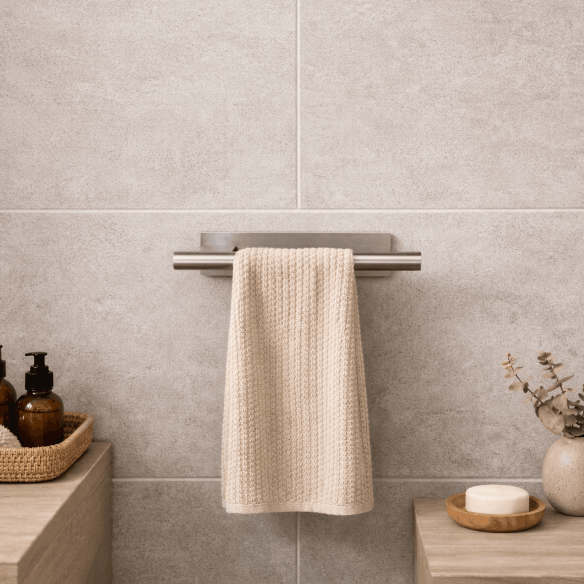 Moderne zilverkleurige handdoekhouder met handdoek, gemonteerd aan een betegelde muur in een stijlvolle badkamer naast de wastafelaccessoires.