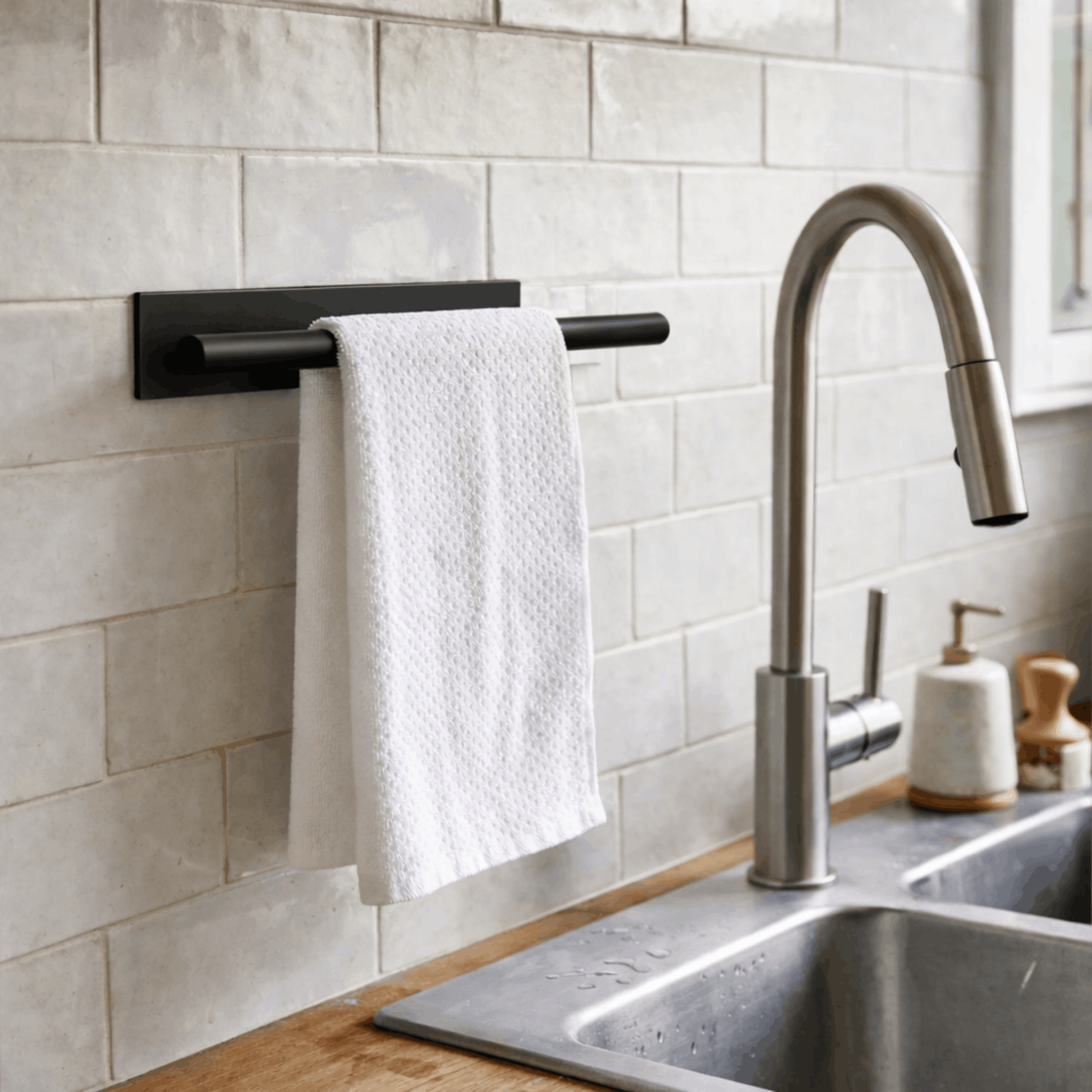 Modern zwart handdoekenrek aan de muur naast een keukenspoelbak met een witte handdoek, ideaal voor keuken of badkamer.