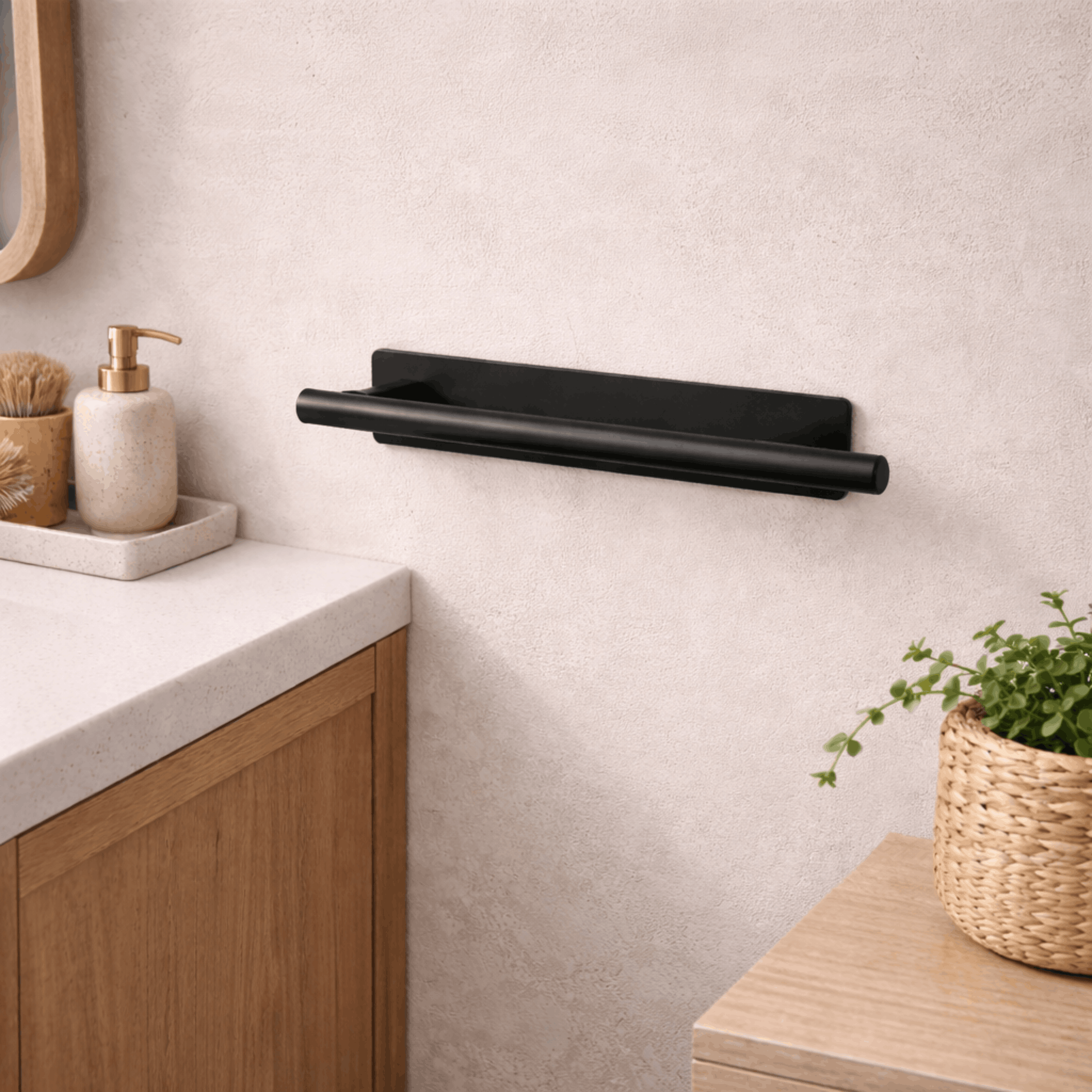 Modern zwart handdoekenrek voor wandmontage in de badkamer, ideaal voor het ophangen en drogen van handdoeken naast de wastafel.