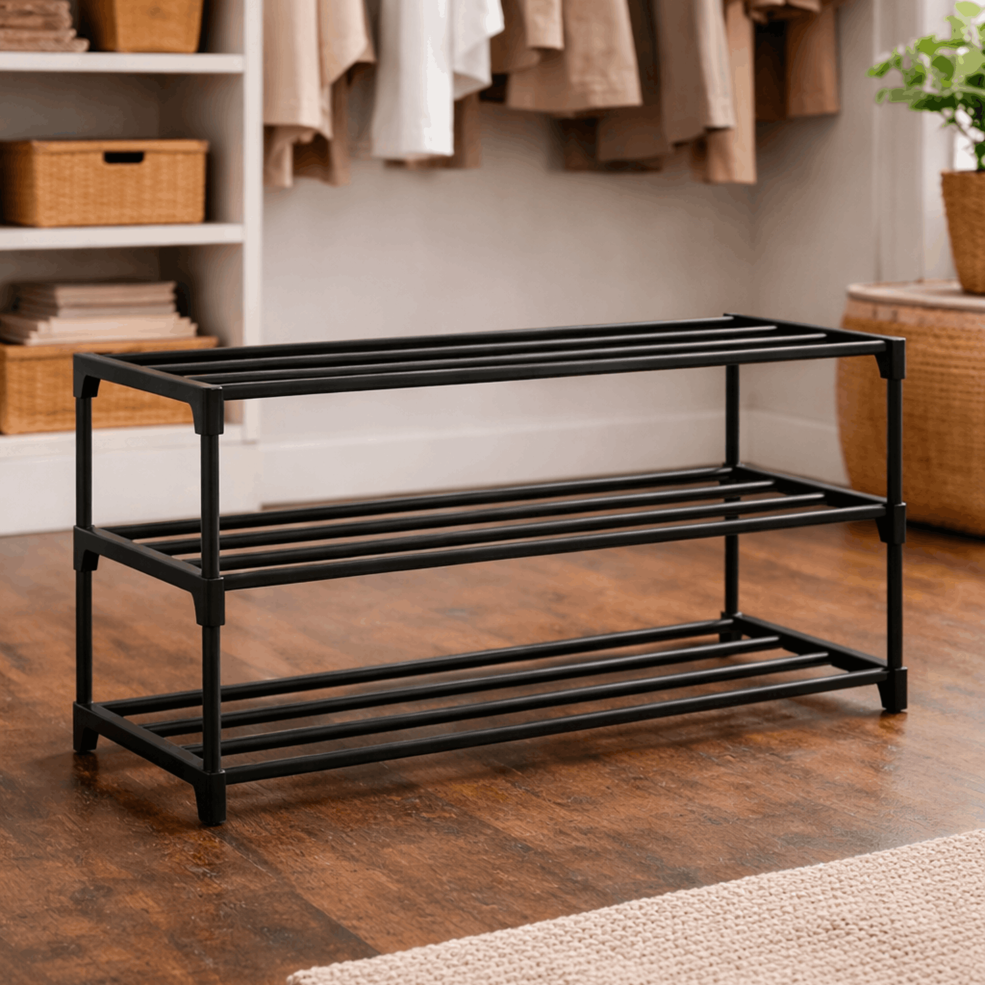 Minimalistisch zwart metalen schoenenrek met drie lagen, ideaal voor het netjes opbergen van schoenen in de hal of kledingkast.