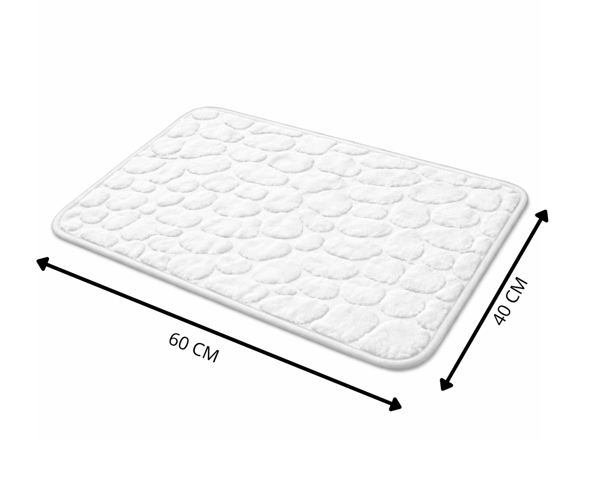 Zachte witte badmat van 60 x 40 cm met steenstructuur en antislip onderkant, geschikt voor gebruik in de badkamer.