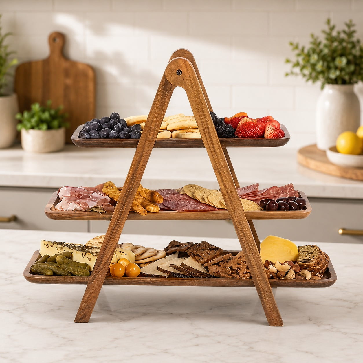 Houten borrelplank met drie lagen gevuld met kaas, vleeswaren, fruit en snacks op een keukenblad.