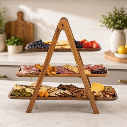 Houten borrelplank met drie lagen gevuld met kaas, vleeswaren, fruit en snacks op een keukenblad.