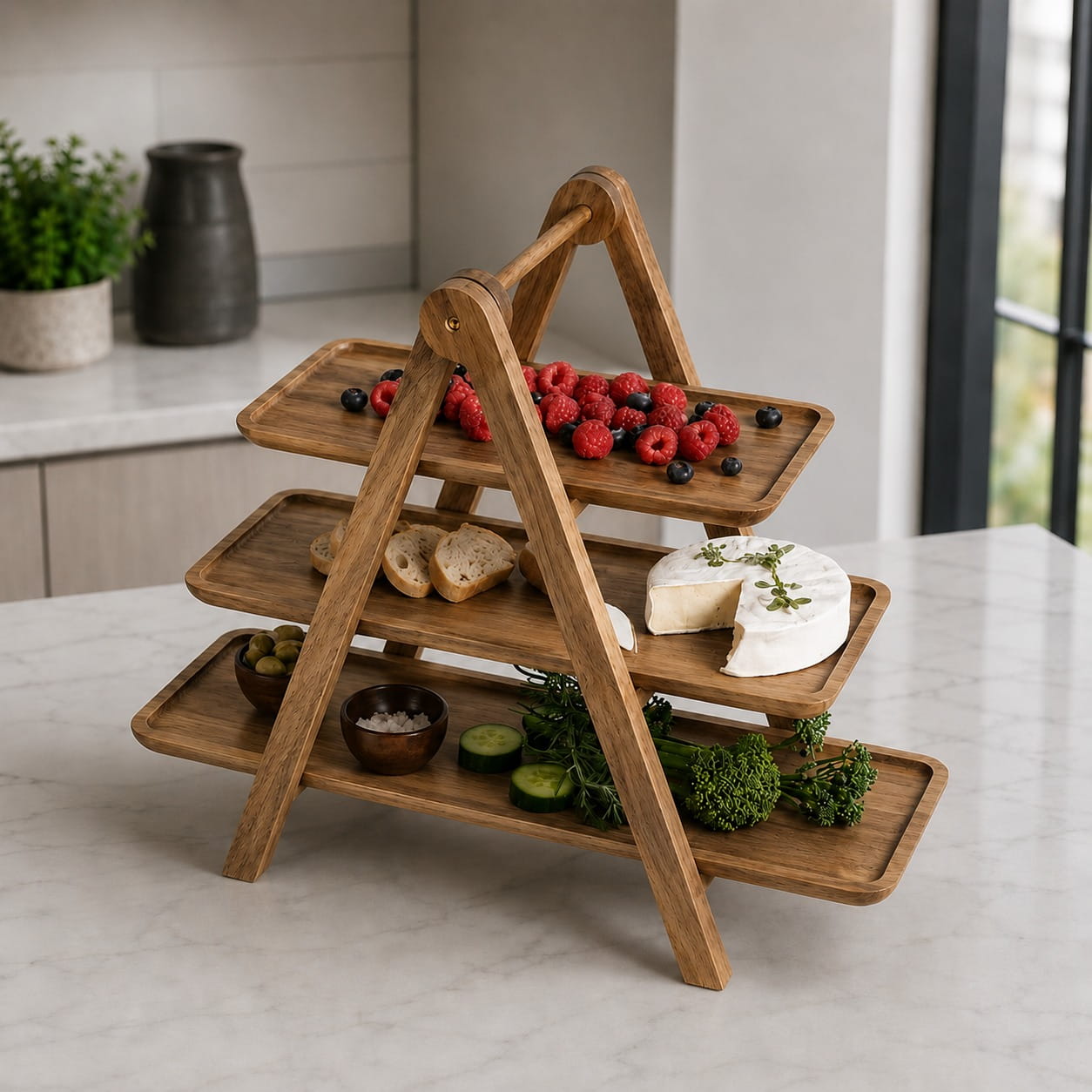 Houten borrelplank etagère met kaas, brood, fruit en groenten op een moderne keukenaanrecht.