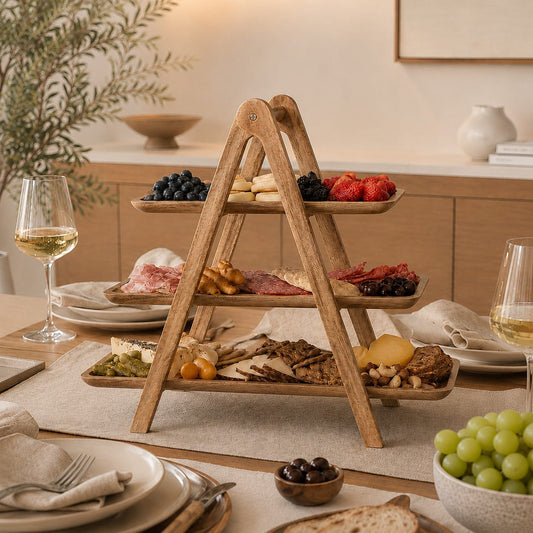 Houten borrelplank etagère met kaas, vleeswaren, fruit en snacks op een gedekte tafel.