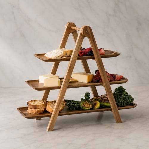 Houten borrelplank etagère met kaas, groenten, brood en fruit op een marmeren ondergrond.