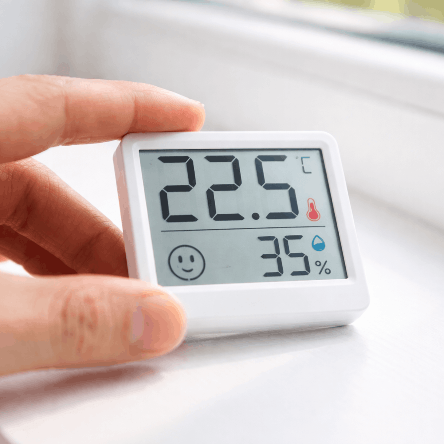 Compacte digitale hygrometer met display, toont temperatuur van 22,5 graden en luchtvochtigheid van 35 procent, vastgehouden in de hand.