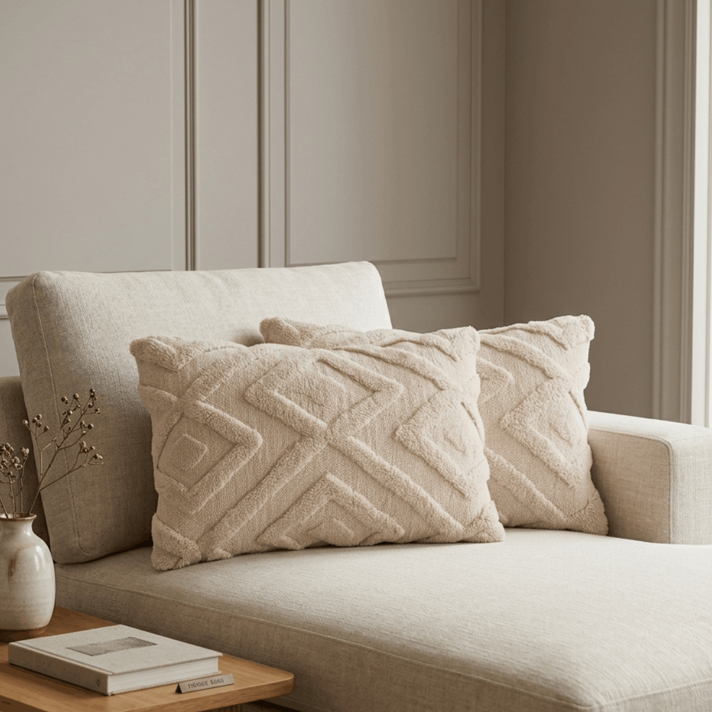 Beige kussenhoezen met zacht geometrisch patroon op een lichte stoffen bank.