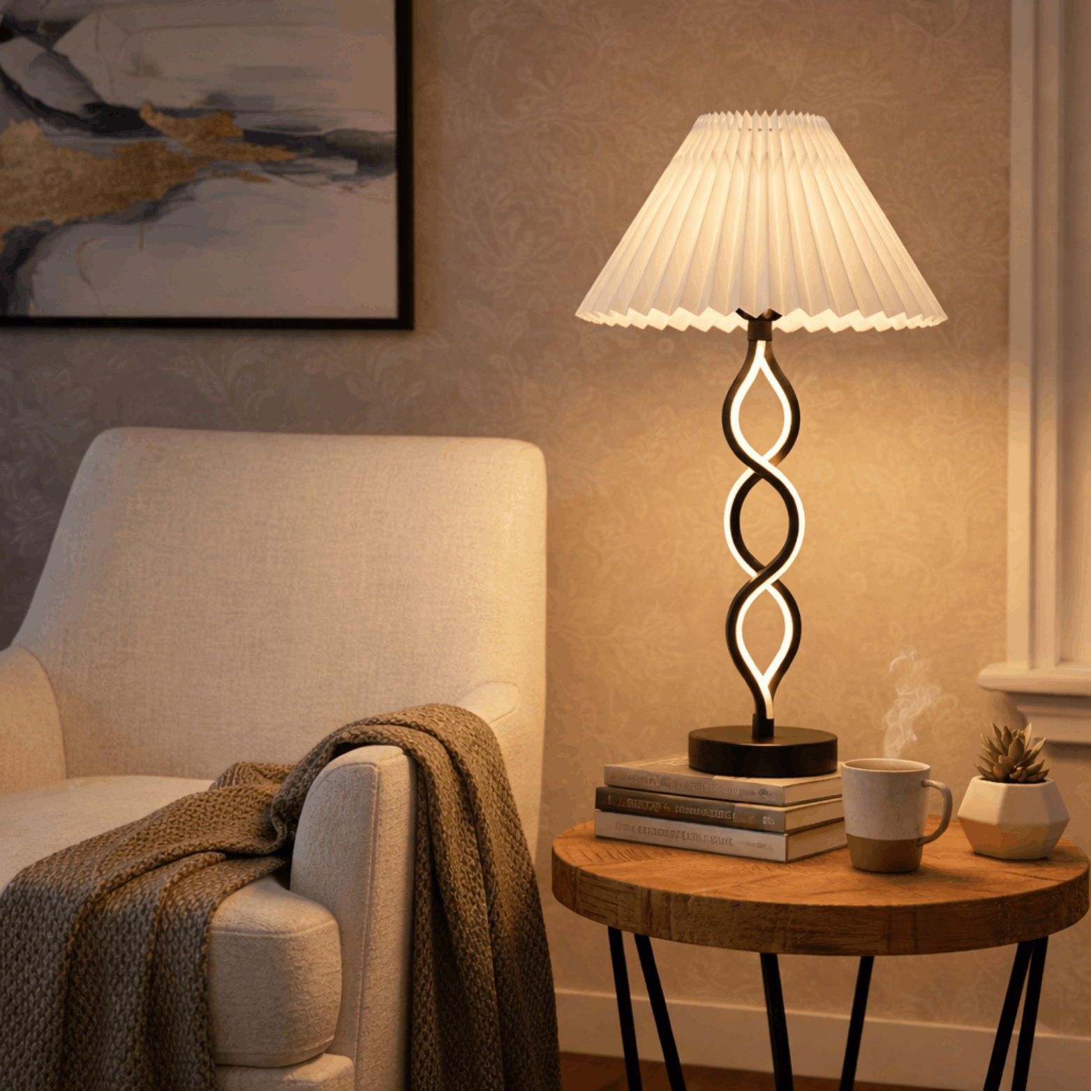Verlichte zwarte design tafellamp met witte plissé kap op een houten bijzettafel naast een fauteuil.