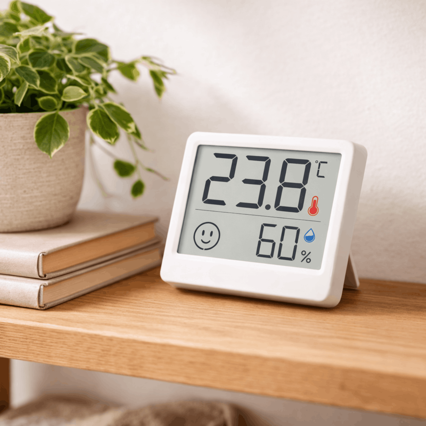 Digitale hygrometer met display toont temperatuur van 23,8 graden en luchtvochtigheid van 60 procent op een houten plank naast een plant.