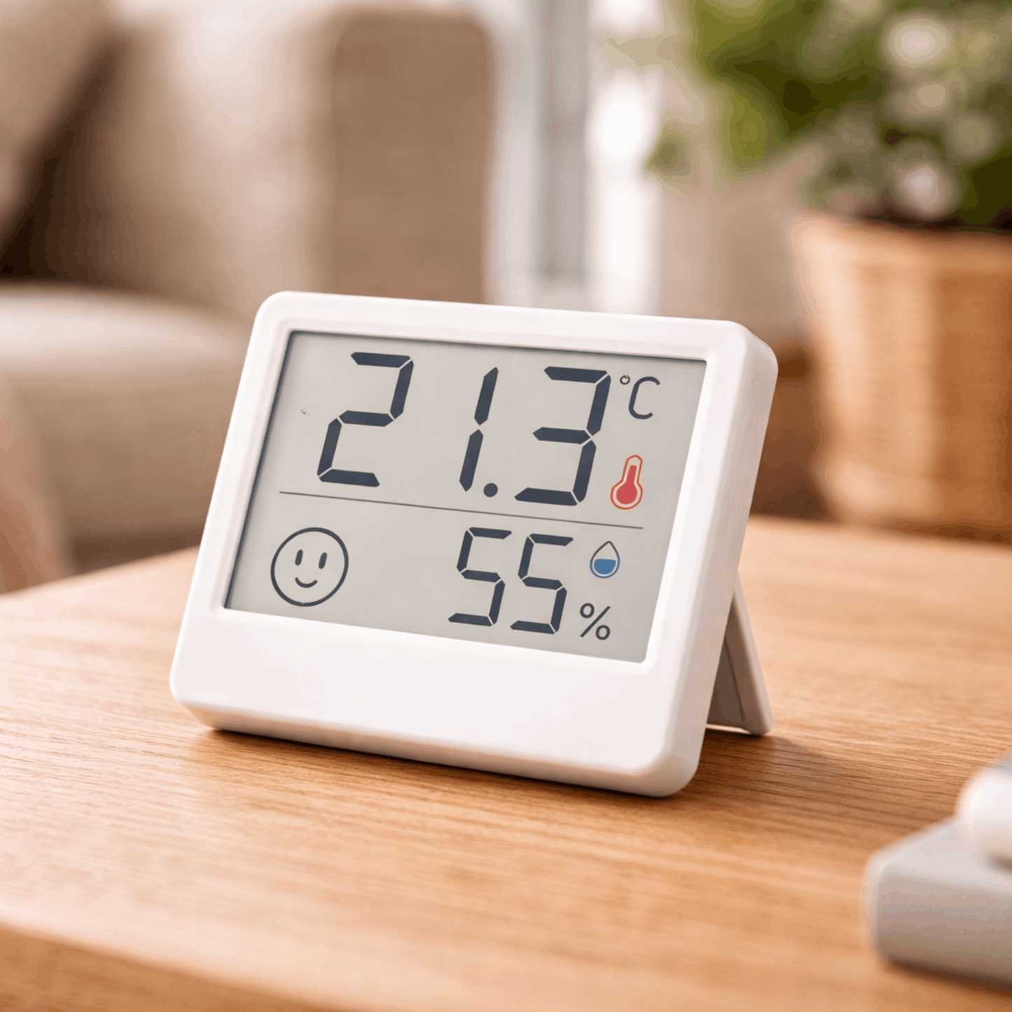 Digitale hygrometer met display dat temperatuur van 21,3 graden en luchtvochtigheid van 55 procent toont op een tafel.