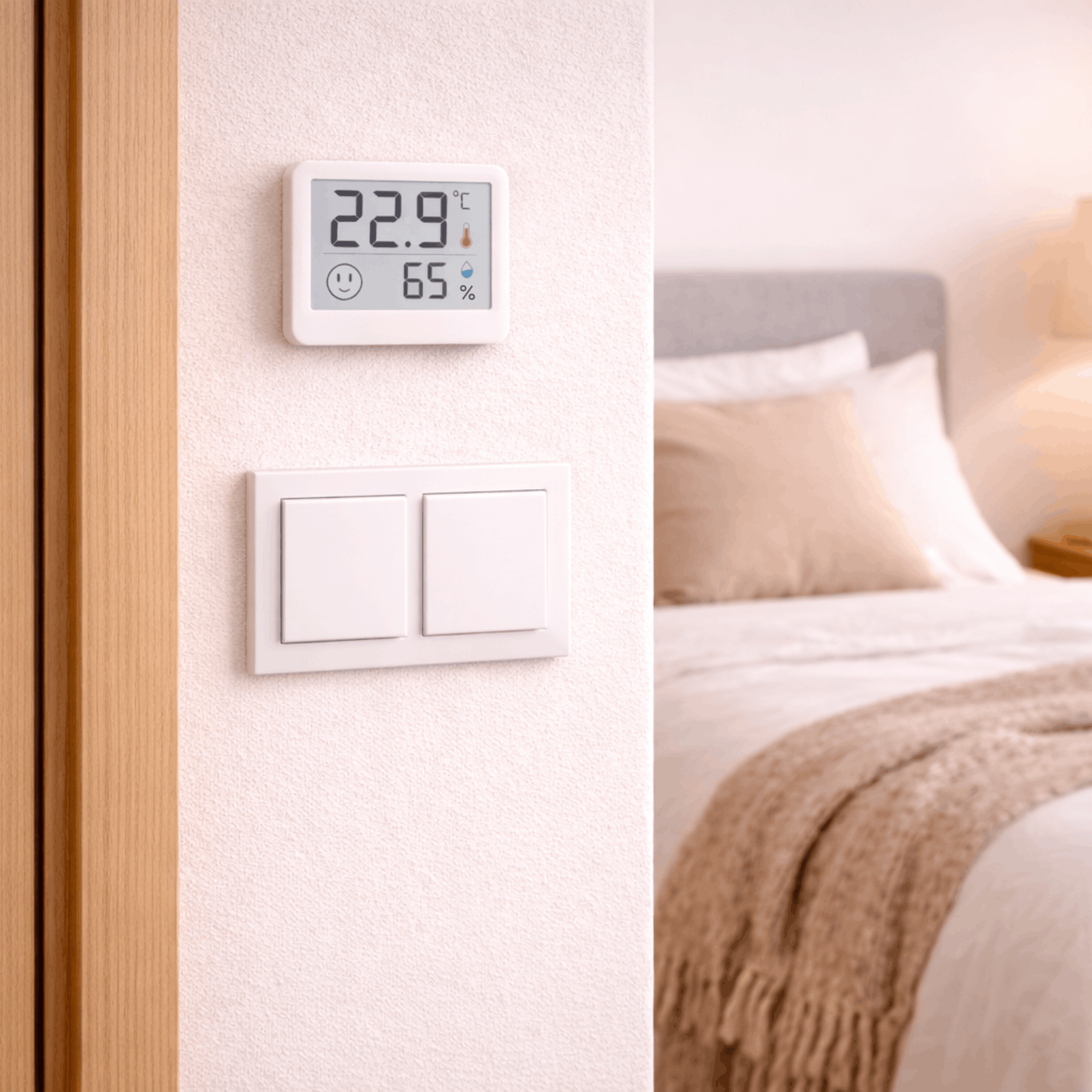 Digitale hygrometer met display aan de muur naast een slaapkamer, toont temperatuur en luchtvochtigheid voor binnenklimaat.