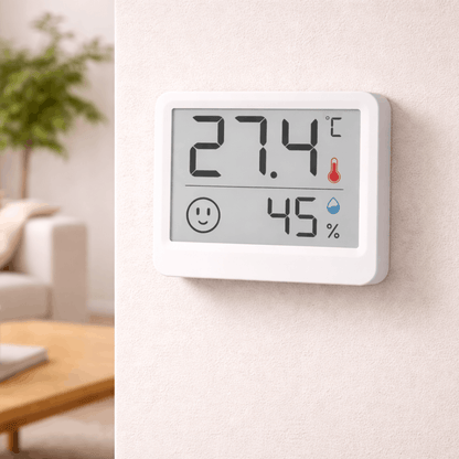 Digitale hygrometer met display op de muur, toont temperatuur van 27,4 graden en luchtvochtigheid van 45 procent.