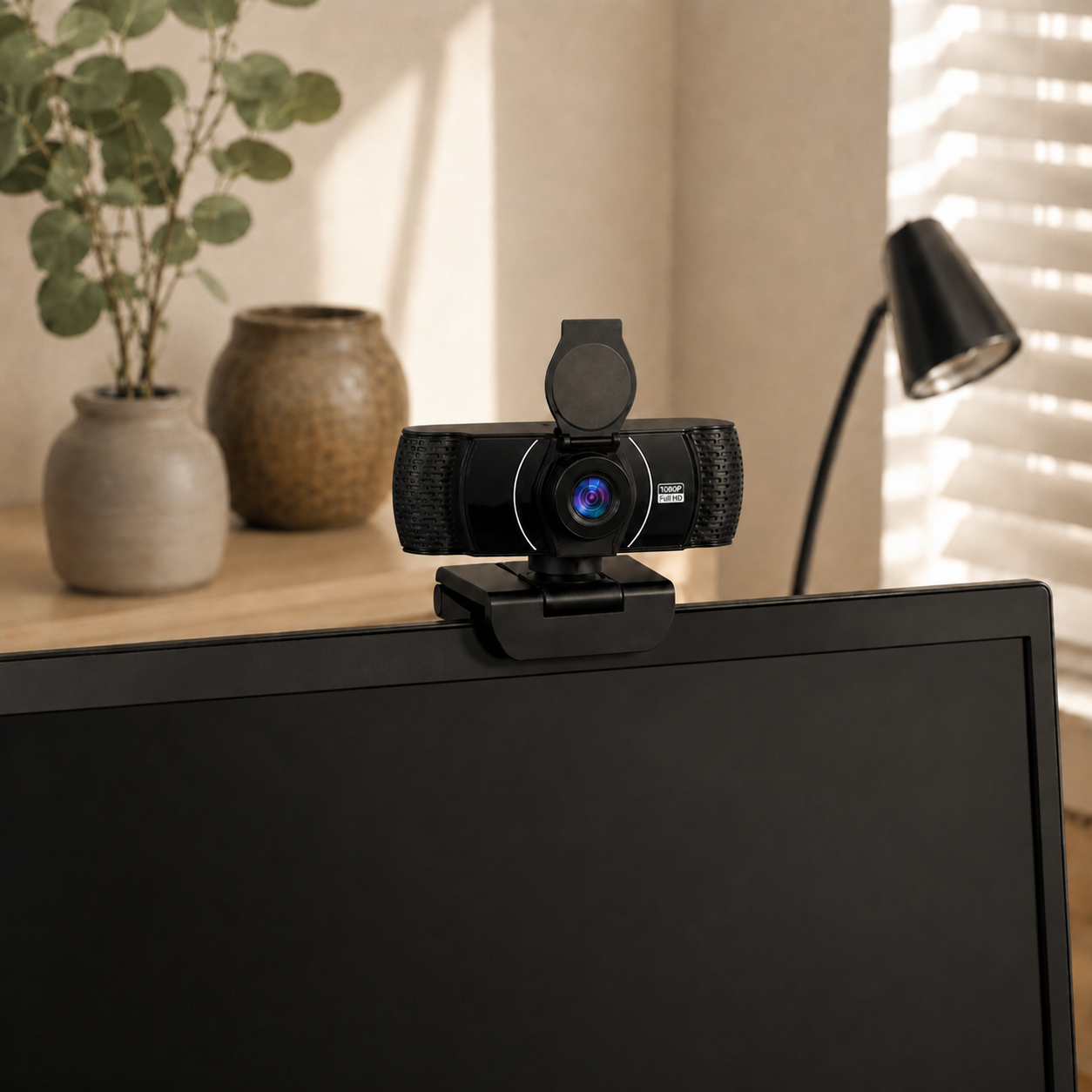 Zwarte Full HD webcam gemonteerd op een computermonitor in een moderne werkruimte.