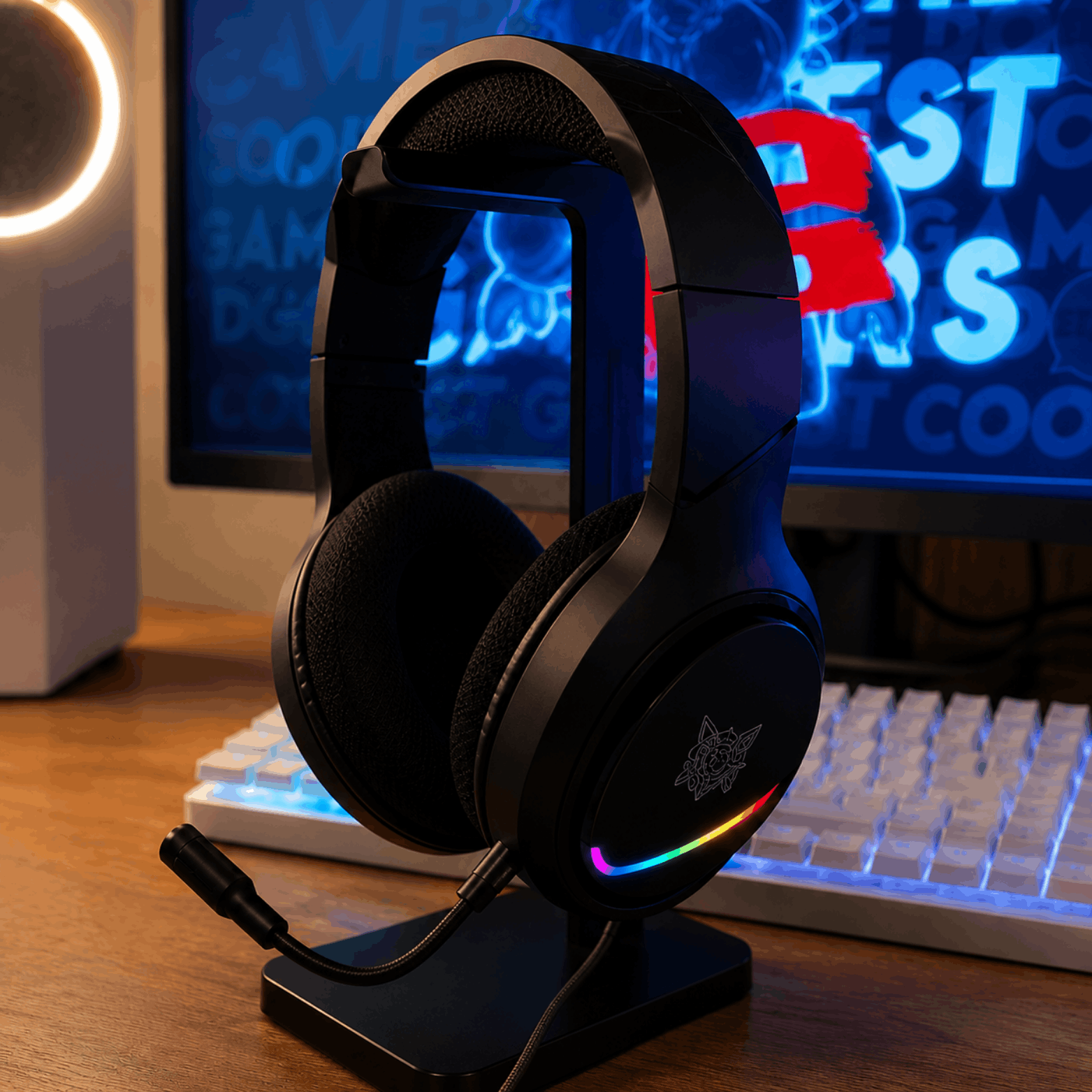 Zwarte koptelefoon met microfoon op standaard met RGB-verlichting op bureau.