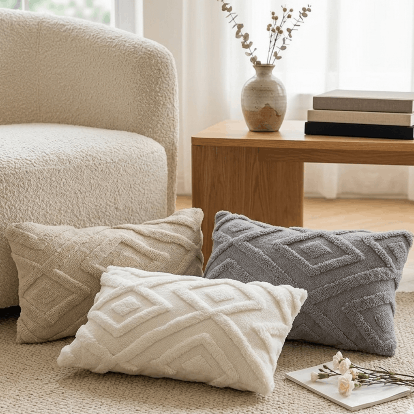 Set van drie zachte kussenhoezen met geometrisch patroon in beige, wit en grijs.