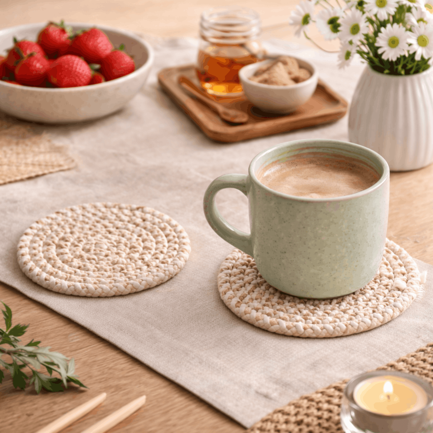Ronde gevlochten onderzetter voor glazen met een mok koffie op een houten tafel.