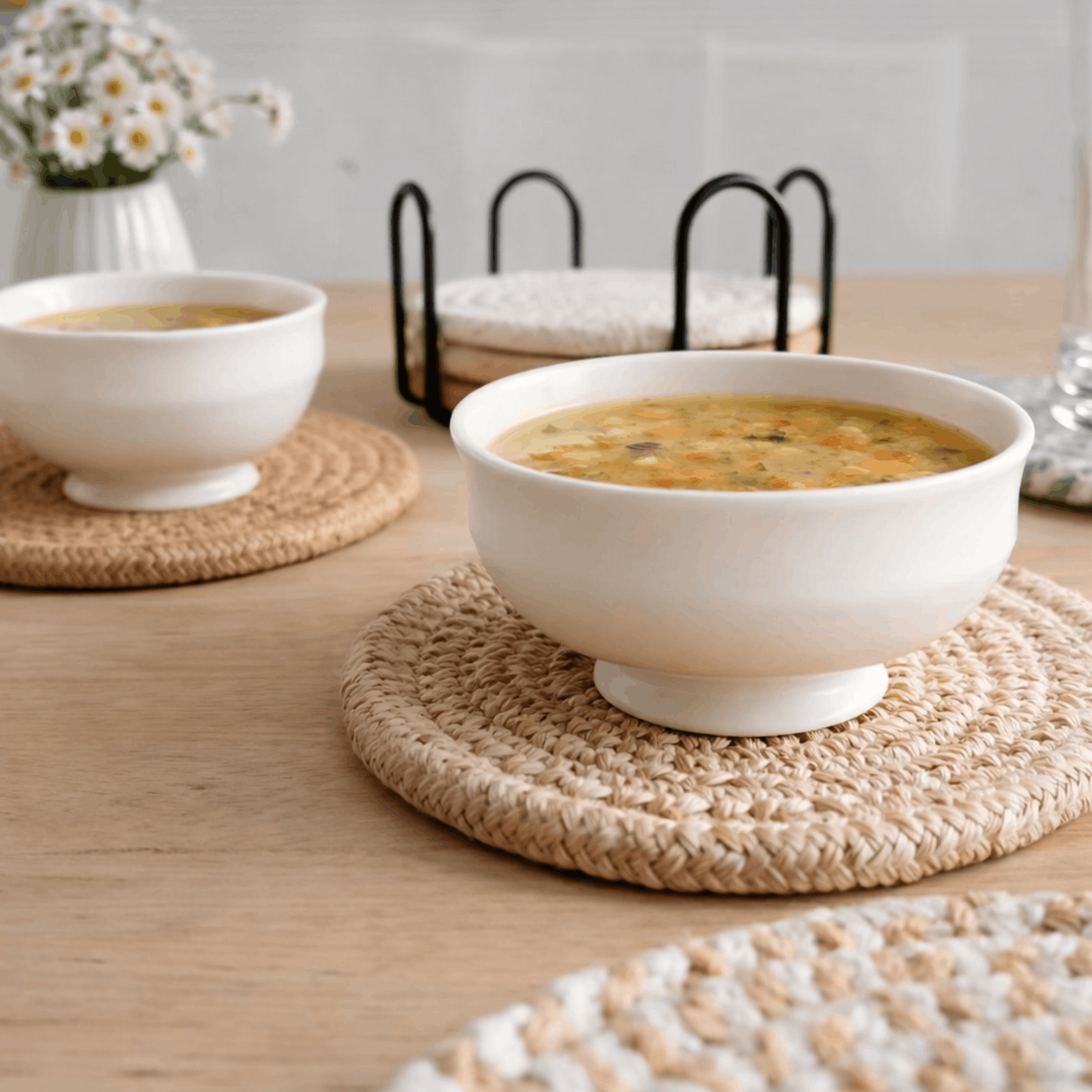 Ronde gevlochten onderzetter voor glazen met een kom soep op een houten tafel.