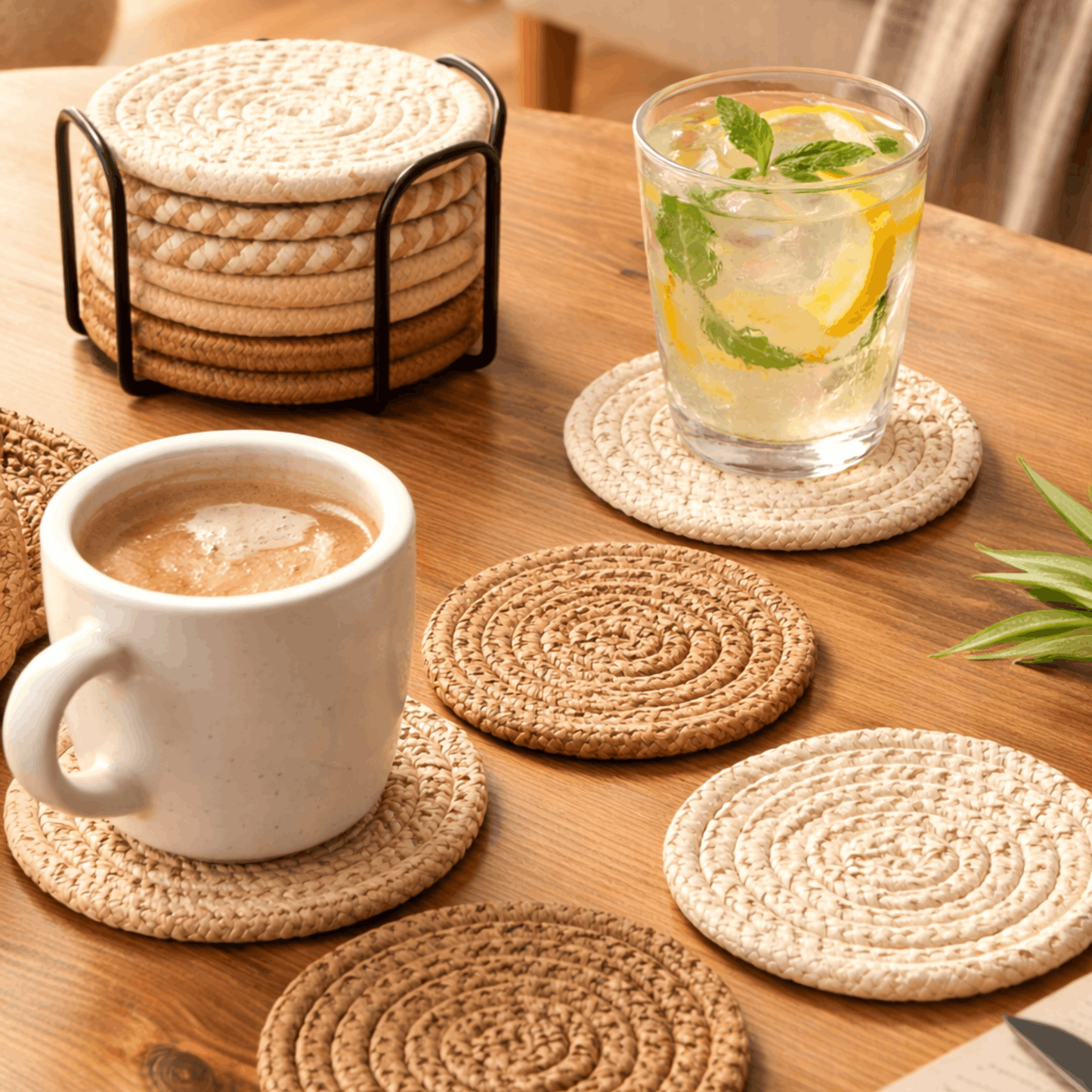 Ronde gevlochten onderzetters voor glazen en kopjes op een houten tafel met drankjes erop.