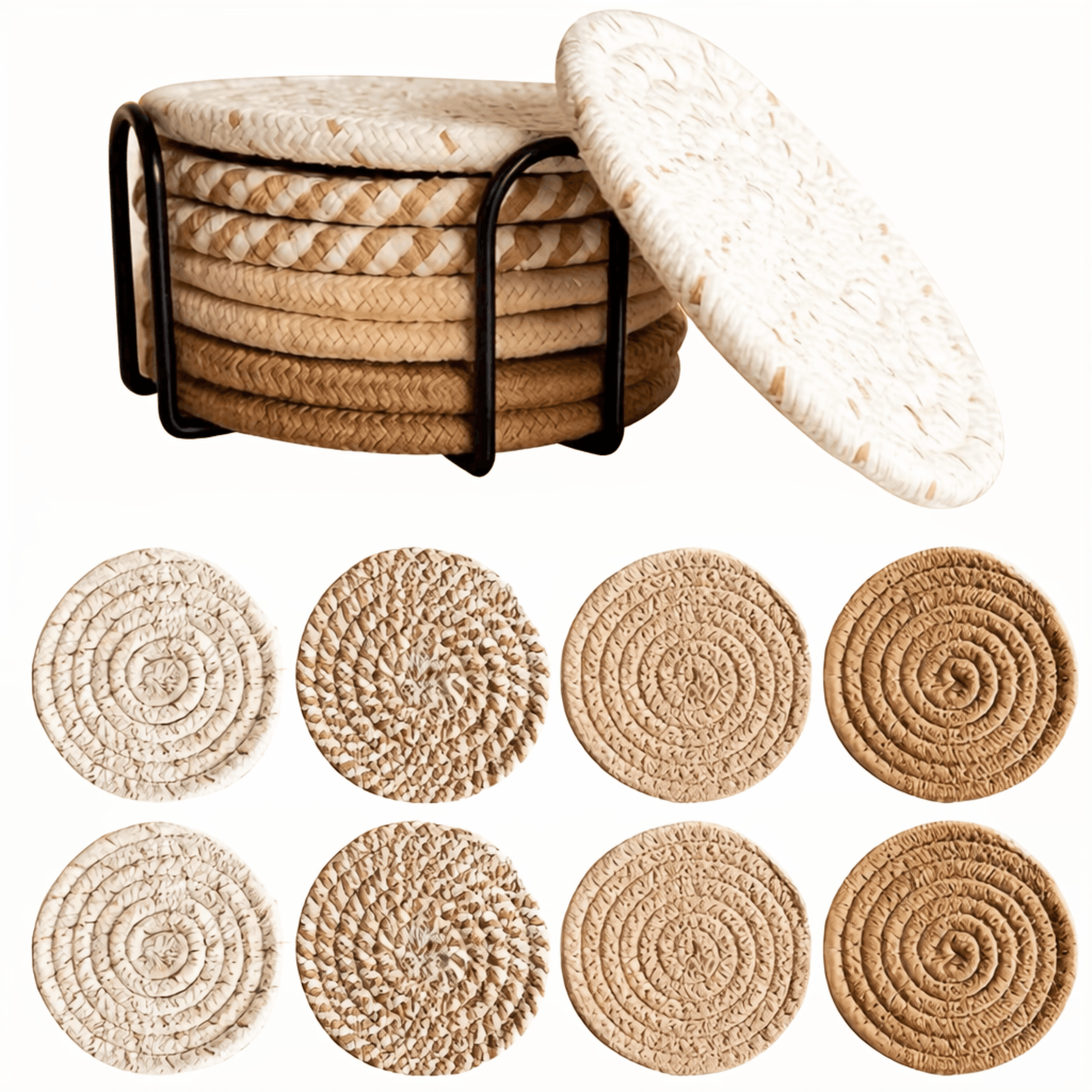 Set ronde gevlochten onderzetters voor glazen in verschillende beige tinten met metalen houder.