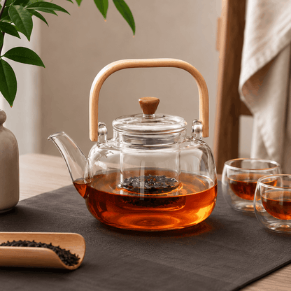 Transparante glazen theepot met bamboe handvat en ingebouwd filter gevuld met thee.