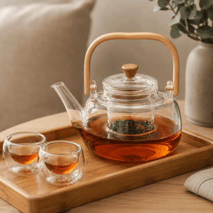 Transparante glazen theepot met thee en bamboe handvat op een houten dienblad met twee glazen.