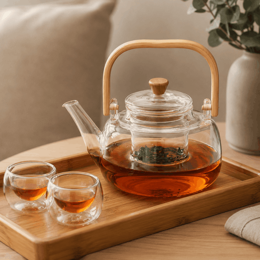 Transparante glazen theepot met thee en bamboe handvat op een houten dienblad met twee glazen.