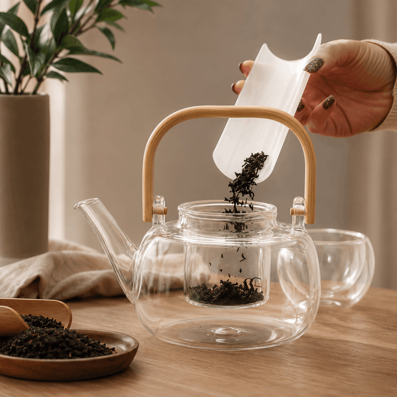 Transparante glazen theepot met bamboe handvat terwijl losse thee wordt toegevoegd.